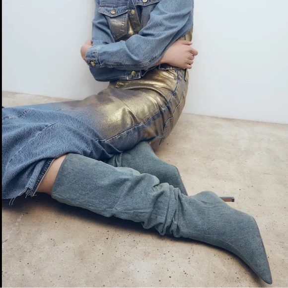 ZARA SLOUCHY DENIM BOOTS - Picture 2 of 16